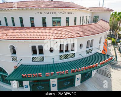 Sarasota, FL, USA - January 18, 2023: Aerial photo Ed Smith Stadium home of the Baltimore Orioles Stock Photo