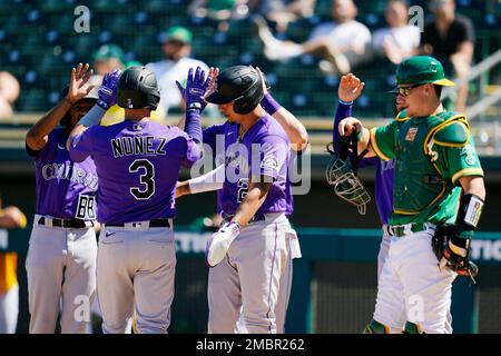 Colorado Rockies catcher Dom Nunez (3) in the second inning of a baseball  game Wednesday, April 20, 2022, in Denver. (AP Photo/David Zalubowski Stock  Photo - Alamy