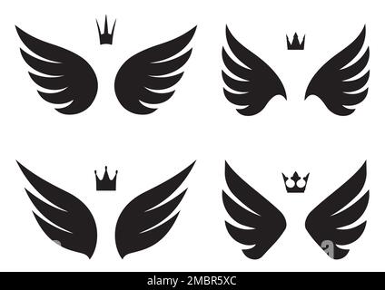 Set of four pairs of wings with crowns. Stock Vector