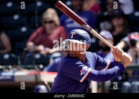 This is a 2022 photo of Adolis Garcia of the Texas Rangers' baseball team.  (AP Photo/Darryl Webb Stock Photo - Alamy