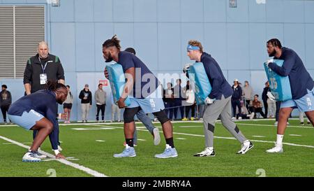 North Carolina offensive lineman Joshua Ezeudu runs the 40-yard dash during  the NFL football scouting combine, Friday, March 4, 2022, in Indianapolis.  (AP Photo/Darron Cummings Stock Photo - Alamy