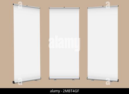 Roll Up banner vector mock-up with blank display. Design template pop up banner for promotional presentation, exhibition or corporate identity. Stock Vector