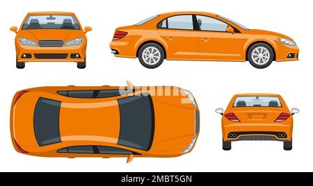 Orange car vector template with simple colors without gradients and effects. View from side, front, back, and top Stock Vector