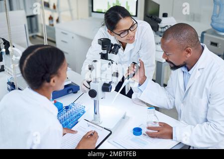 Conducting experiments to test and prove their hypothesis. a group of scientists working together in a lab. Stock Photo