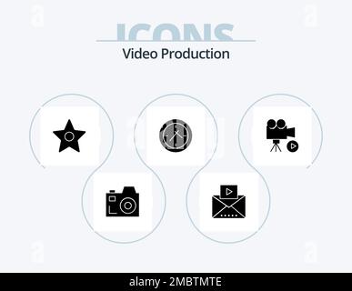 Video Production Glyph Icon Pack 5 Icon Design. . time . video. cinema . star Stock Vector