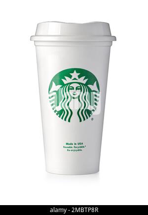 Chisinau, Moldova - August, 16, 2021 : A cup of Starbucks hot beverage coffee on white background. Starbucks is the world's largest coffeehouse compan Stock Photo