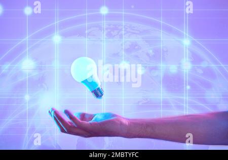Lightbulb, hand and idea of future, global networking or ai technology on digital purple background. Energy, electricity and person with creative Stock Photo