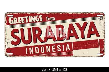 Greetings from Surabaya vintage rusty metal plate on a white background, vector illustration Stock Vector