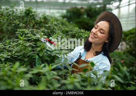 Young woman gardener pruning lush bush in greenhouse Stock Photo
