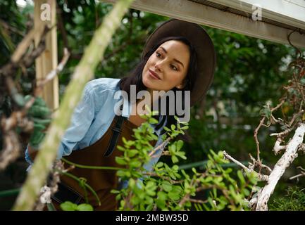 Charming young woman gardener in overalls view through lush foliage Stock Photo