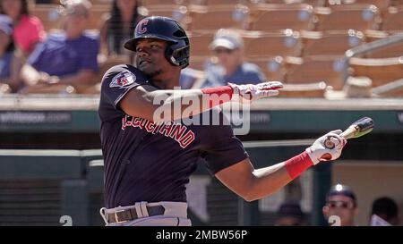 Cleveland Guardians' Oscar Gonzalez bats during the third inning of a  spring training baseball game against the Los Angeles Dodgers Wednesday,  March 23, 2022, in Glendale, Ariz. (AP Photo/Charlie Riedel Stock Photo 