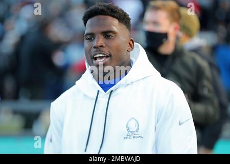 AFC wide receiver Tyreek Hill of the Miami Dolphins warms up before the  flag football event at the NFL Pro Bowl, Sunday, Feb. 5, 2023, in Las  Vegas. (AP Photo/David Becker Stock