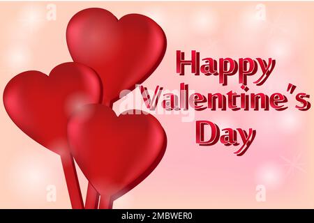 Three red hearts on a stick and an inscription Happy Valentine's Day. Vector image. Stock Vector
