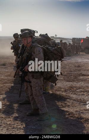 U.S. Marines assigned to Echo Company, Battalion Landing Team 2/6, 22nd Marine Expeditionary Unit, board a CH-53E Super Stallion during exercise African Lion 22, Tunisia, June 22, 2022. AL22 is U.S. Africa Command's largest, premier, joint, annual exercise hosted by Morocco, Ghana, Senegal and Tunisia, June 6 - 30. More than 7,500 participants from 28 nations and NATO train together with a focus on enhancing readiness for U.S. and partner nation forces. AL22 is a joint all-domain, multi-component, and multinational exercise, employing a full array of mission capabilities with the goal to stren Stock Photo