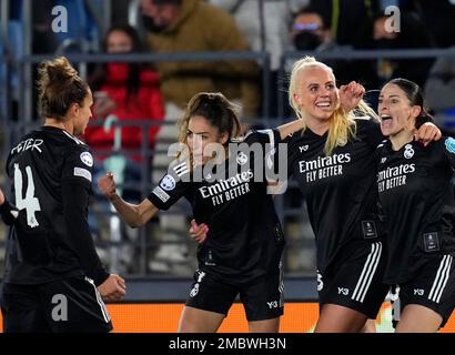 Olga Carmona of Real Madrid celebrates after scoring goalduring the UEFA  Womens Champions League, date 2 between Real Madrid and Beioablik played at  Alfredo Di Stefano Stadium on October 13, 2021 in