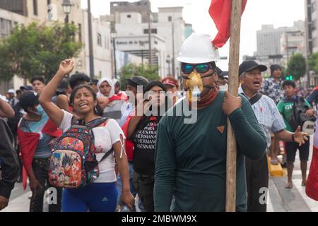 Lima, Peru. 20th Jan, 2023. Demonstrators take part in a rally in Lima, Peru, Jan. 20, 2023. Thousands of protesters, who demand the resignation of Dina Boluarte, the dissolution of Congress and immediate elections, gathered in Lima and held rallies since Jan. 19. Credit: Mariana Bazo/Xinhua/Alamy Live News Stock Photo