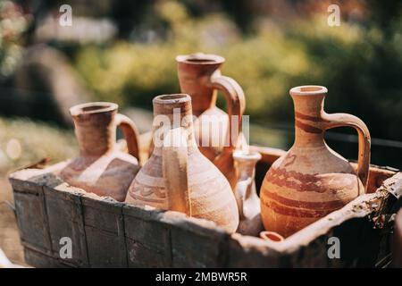 Set Of Traditional Georgian Clay Wine Jugs. Oriental Handmade Clay Jugs For Wine. Georgian Traditional Clay Vessel For Wine Stock Photo