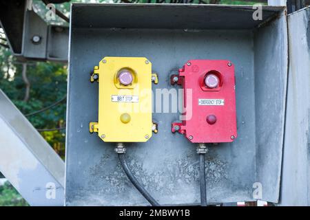 Belt stop button and emergency stop button for industrial machine, Emergency stop for safety. Big Red emergency button or stop button for manual press Stock Photo