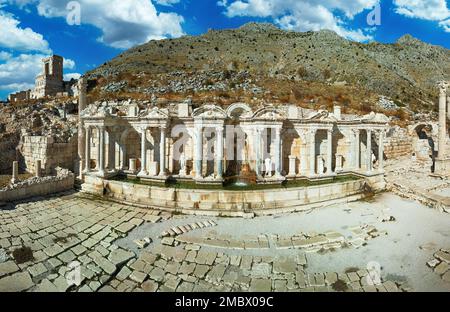 Amazing aerial view of the roman amphitheater in the ancient Sagalassos town, Province Burdur, Turkey. ruins of Sagalassos Stock Photo