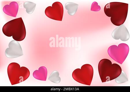 Frame of multi-colored hearts on a white-pink background. Valentine's Day concept. Universal holiday background. Vector image. Stock Vector