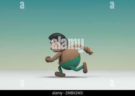The man  with mustache wearing a brown long shirt green pants.  He is running. 3d rendering of cartoon character in acting. Stock Photo
