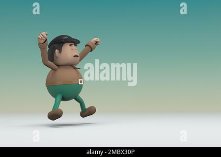 The man  with mustache wearing a brown long shirt green pants. He is jumping. 3d rendering of cartoon character in acting. Stock Photo