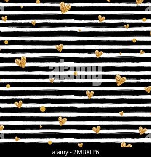 Golden Glittering Heart With Black Stripes Pattern Stock Vector