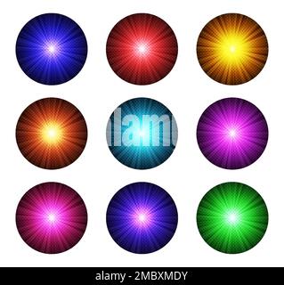 Colorful Neon disco light Sunburst circle set Stock Vector