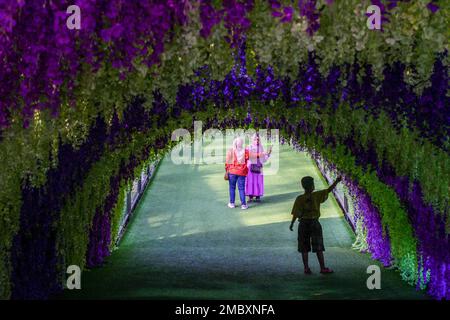 Bandung, Indonesia. 21st Jan, 2023. Women take a selfie during Lunar New Year Holidays 2023 In Jatinangor National Flower Park. Jatinangor National Flower Park, which has some attractions rides, and photo spots Instagram-able has become one of the favorite destinations for people to spend the Chinese New Year Holiday 2023 with family. Credit: SOPA Images Limited/Alamy Live News Stock Photo