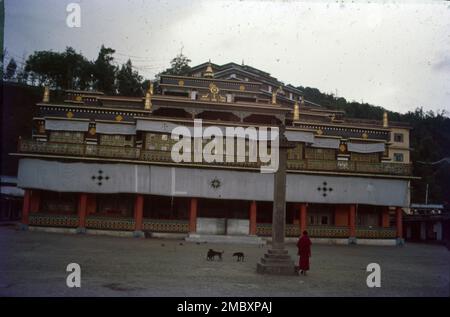 Rumtek Monastery, also called the Dharma Chakra Centre, is a gompa located in the Indian state of Sikkim near the capital Gangtok. It is the seat-in-exile of the Gyalwang Karmapa, inaugurated in 1966 by the 16th Karmapa. The monastery is currently the largest in Sikkim. It is home to the community of monks and where they perform the rituals and practices of the Karma Kagyu lineage. A golden stupa contains the relics of the 16th Karmapa. Stock Photo