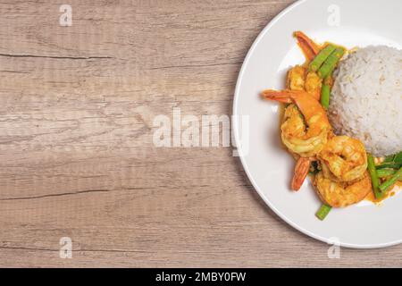 Stir fried Prawn Curry Paste with Long Beans Stock Photo