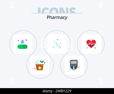 Pharmacy Flat Icon Pack 5 Icon Design. care. heart. drug. beat. liquid medicine Stock Vector