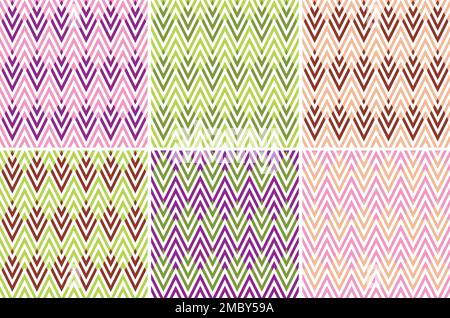 Fresh Chevrons Pattern Background Design Pink, Green, Violet, Brown Color. Set Of Six Patterns Stock Vector