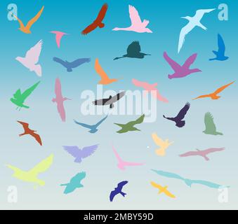 Flying Birds Flock Over The Blue Sky Horizon And Sea Stock Vector