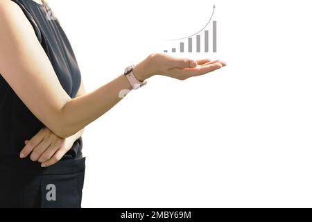 Business woman hand holding holographic stock market graph isolated ob white background. Stock Photo