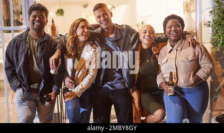 Happy people, diversity or fun portrait in city, street or road for beer party, New Year or birthday celebration. Smile, friends or men with excited Stock Photo