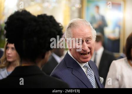 Britain's Prince Charles, the Prince of Wales, speaks to guests at the annual Commonwealth Day Reception which traditionally takes place on Commonwealth Day at Marlborough House, the home of the Commonwealth Secretariat, in London, Monday, March 14, 2022. (AP Photo/Frank Augstein, Pool)