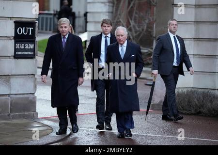 Britain's Prince Charles, the Prince of Wales, center, arrives at the annual Commonwealth Day Reception which traditionally takes place on Commonwealth Day at Marlborough House, the home of the Commonwealth Secretariat, in London, Monday, March 14, 2022. (AP Photo/Frank Augstein, Pool)