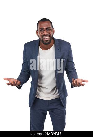 Confused, business man portrait and shrug of a professional employee in a studio. Isolated, white background and entrepreneur of an african executive Stock Photo