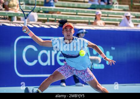 Rinky Hijikata of Australia in action during Day 1 of the Kooyong Classic  Tennis Tournament last match against Zhang Zhizhen of China at Kooyong Lawn  Tennis Club. Melbourne's summer of tennis has