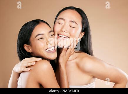 Diversity, skincare or women smile with beauty or natural glow relaxing while isolated on studio background. Happy, faces or beautiful girl models Stock Photo
