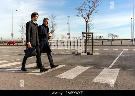 Full body of confident businessmen in formal clothes walking on crosswalk while having discussion during meeting Stock Photo