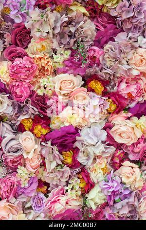 Pink romantic beautiful flowers wall. background of roses for wedding scenes. top view Stock Photo
