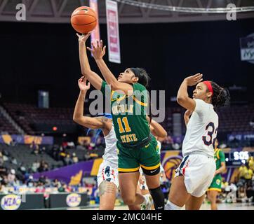 Norfolk State guard Armani Franklin 11 drives in for a score