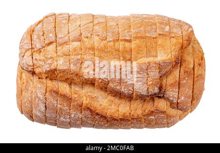 Sliced loaf of wholegrain bread cutout. White wheat bread cut into slices isolated on a white background. Bread baking and slicing. Carbohydrates. Stock Photo