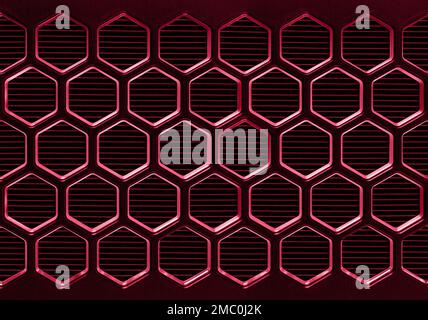 High tech hexagonal cellular surface of viva magenta color. Black honeycomb electronic texture. Abstract technological mosaic hexagon background. Stock Photo