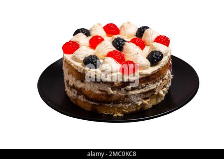 Delicious birthday layer cake filled with mascarpone cream and decorated jelly sweets on isolated background Stock Photo