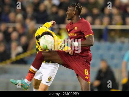 Sevilla's Loic Bade, top, heads the ball past Roma's Tammy Abraham