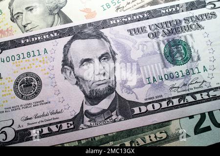 USA, Abraham Lincoln portrait on the 5 dollars banknote, vintage Stock Photo