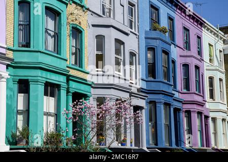 Colourful house facades on Lancaster Road, detail, Notting Hill, London, England, United Kingdom Stock Photo